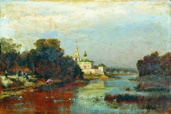 Landscape with a white stone church by Alexey Bogolyubov